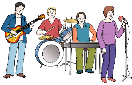 Ein Mann spielt Gitarre, einer Schlagzeug und einer Keyboard. Eine Frau steht an einem Mikrofon und singt. Zusammen sind sie eine Band.